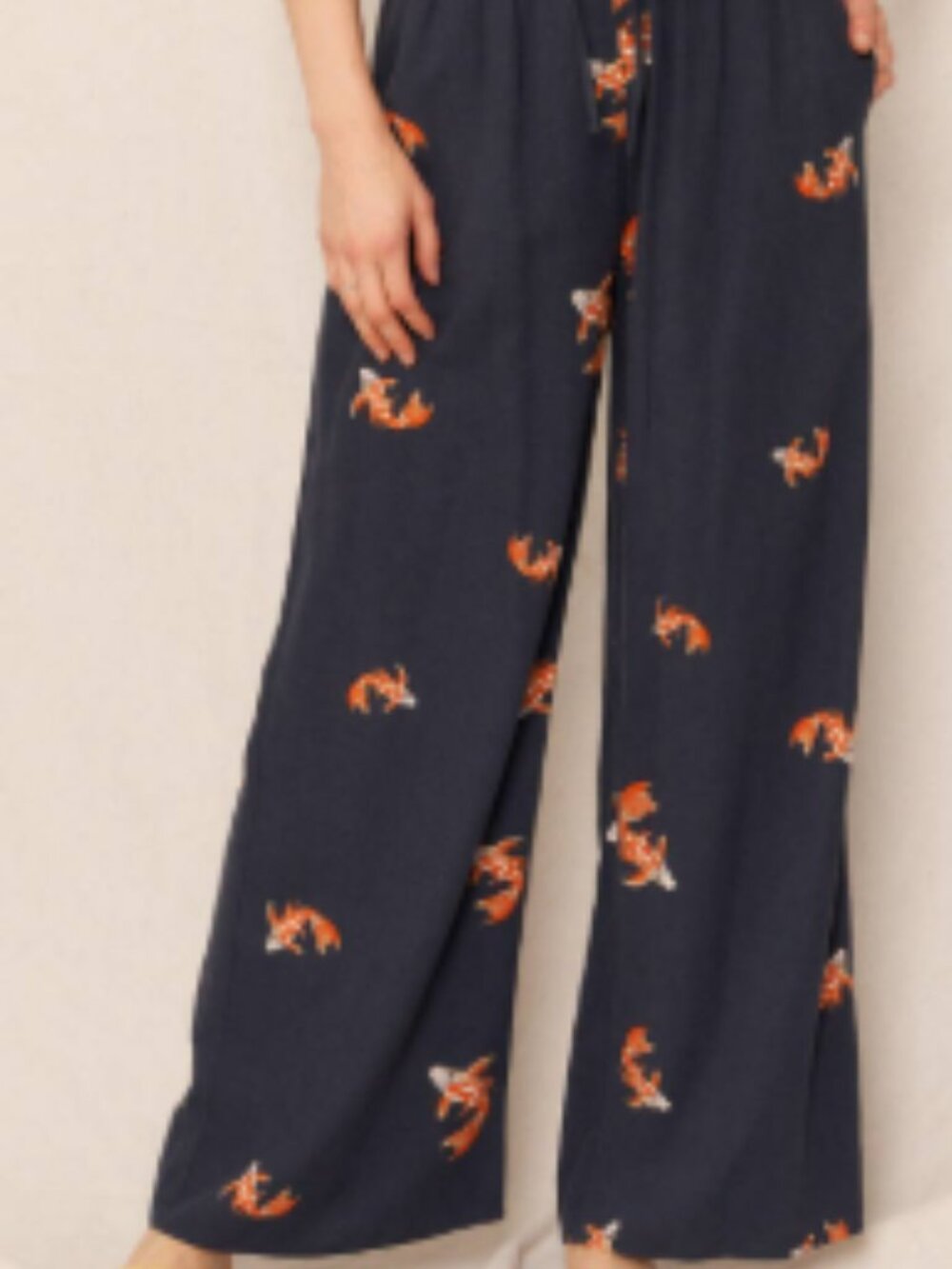 Women's Navy Blue Koi Print Linen Pants - Picture 2 of 4